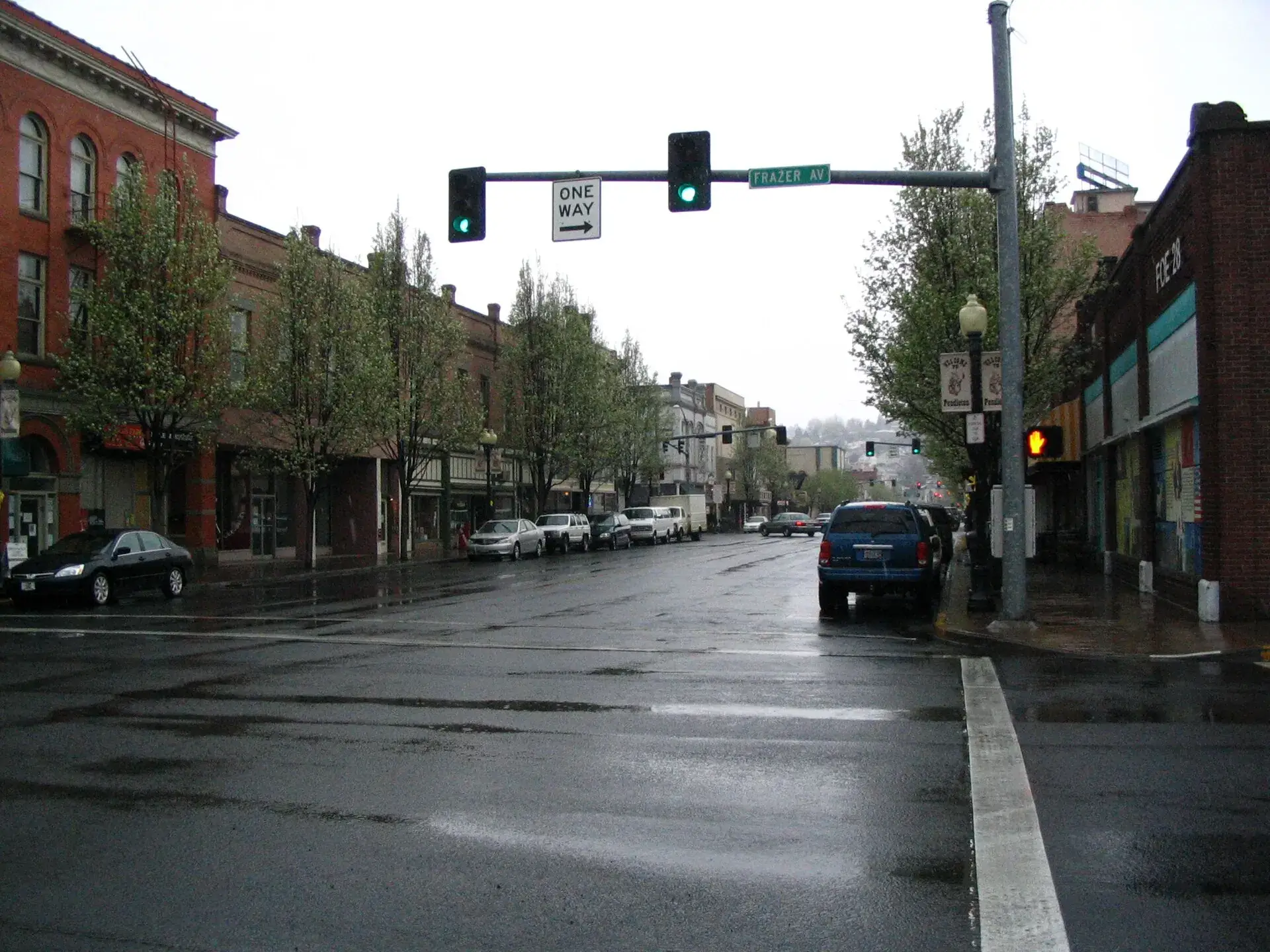 Downtown Pendleton, Oregon on a wet day, with brick storefronts